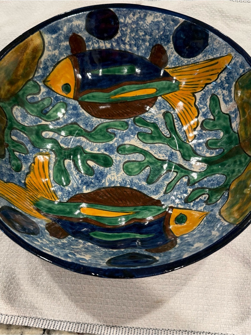 Hand-Painted Blue & Yellow Fish Ceramic Bowl - Brand